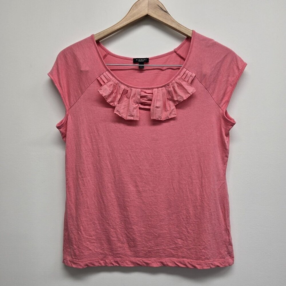 Talbots Women's Small Blouse Pleated Tiered Neckline Short Sleeve Pink Stretch - Picture 1 of 7